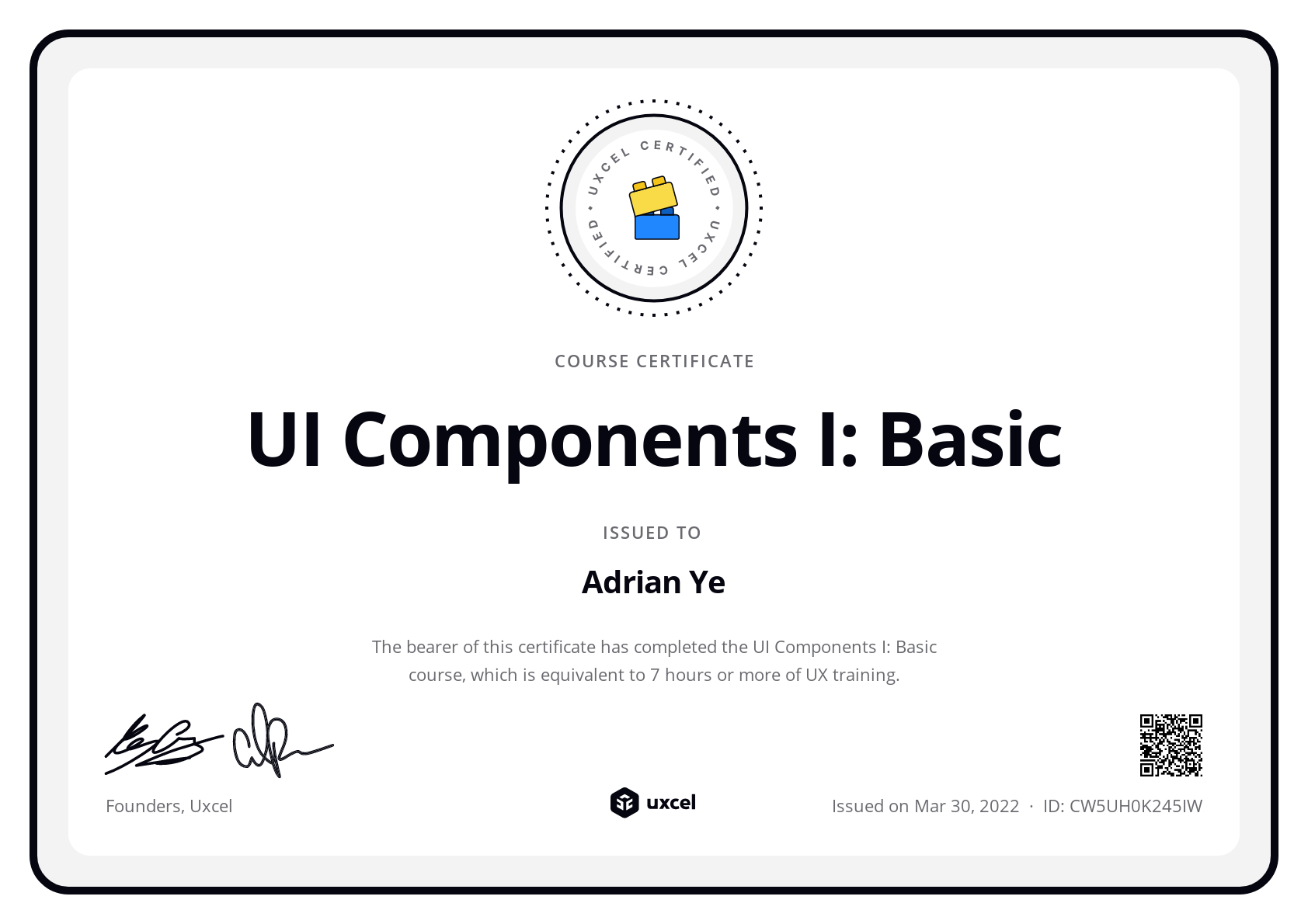 Adrian Ye's certificate